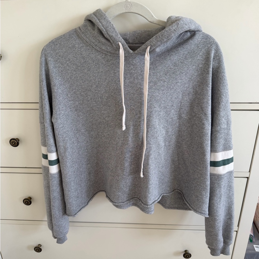 American Eagle Hooded Cropped Sweatshirt with Striped Sleeves